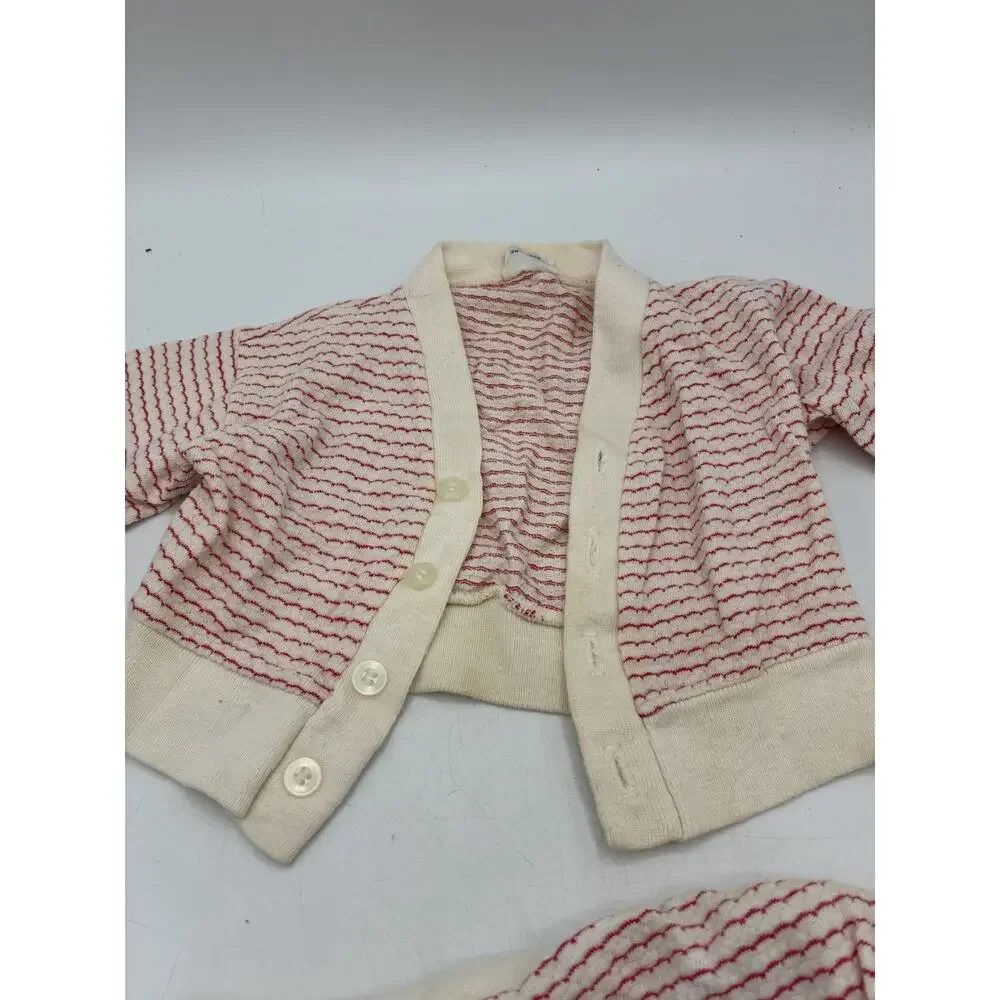 Vintage Knitfashion Baby 3pc Set 12mo Red Stripe Cardigan Romper Bonnet